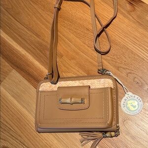 Spartina 449 Tan Crossbody Wallet with Woven Accent and Bamboo Detail